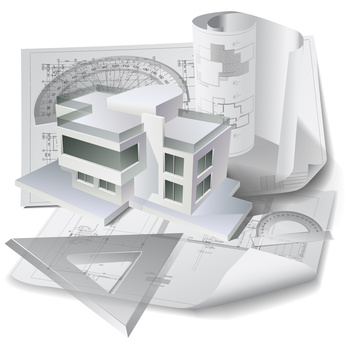 Architectural background with a 3D building model